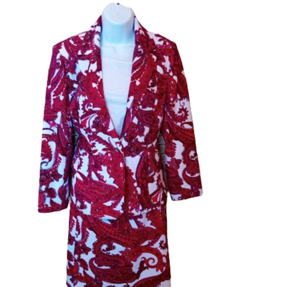 VINTAGE Red Floral Skirt Blazer Set Size 4 - Picture 7 of 8